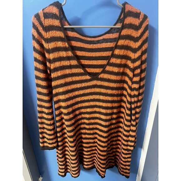 Free People Striped Long-Sleeve Knit Tunic Dress, Deep V-Back In Orange Black,XS - Picture 4 of 10
